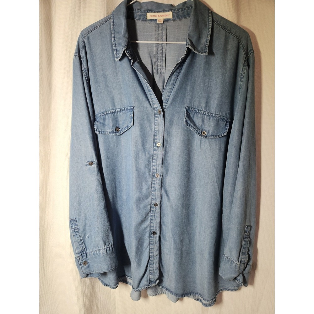 Grand & Greene Tencel Light‎ Blue Women's Top Button Shirt Blouse Size XL